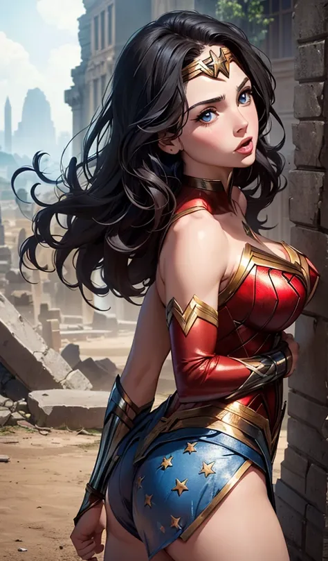 The character Wonder Woman, with features of actress Gal Gadot, upturned buttocks, bright blue eyes, beautiful mouth and big lips, back upwards angle view, ruins of an ancient city in the background 