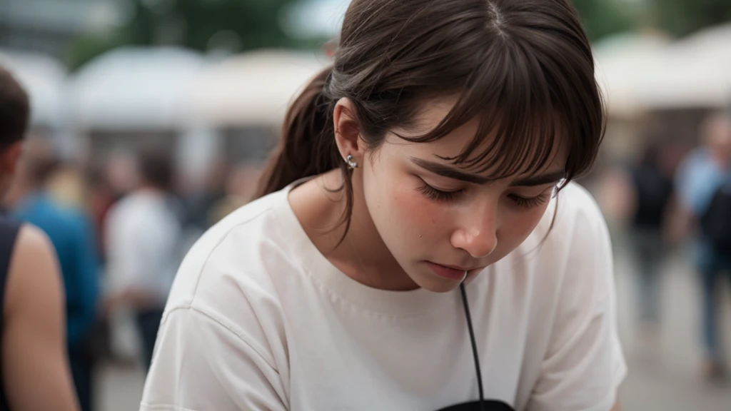 a young woman crying, with a blurred background full of people 16k quality