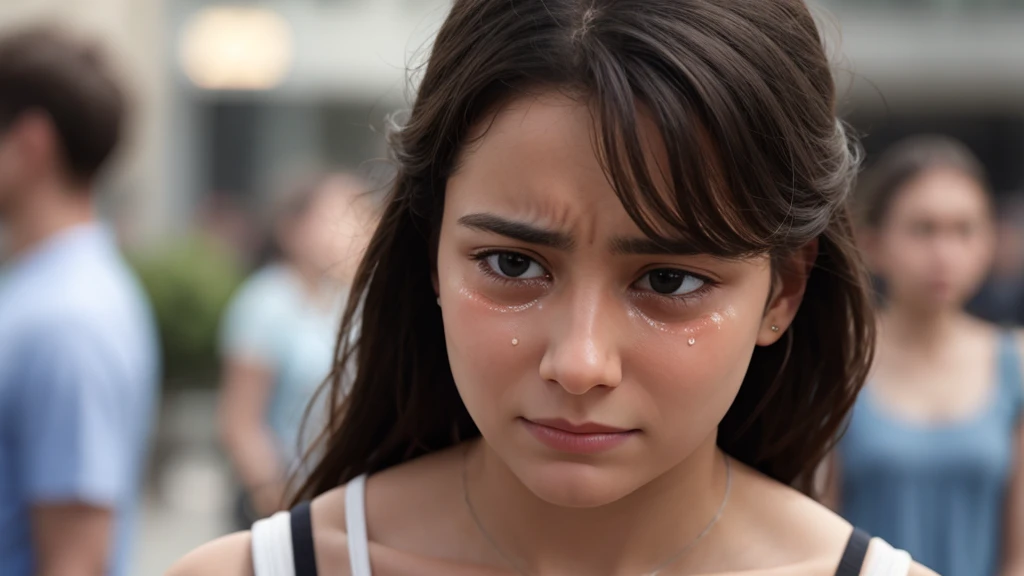 a young woman crying, with a blurred background full of people 16k quality