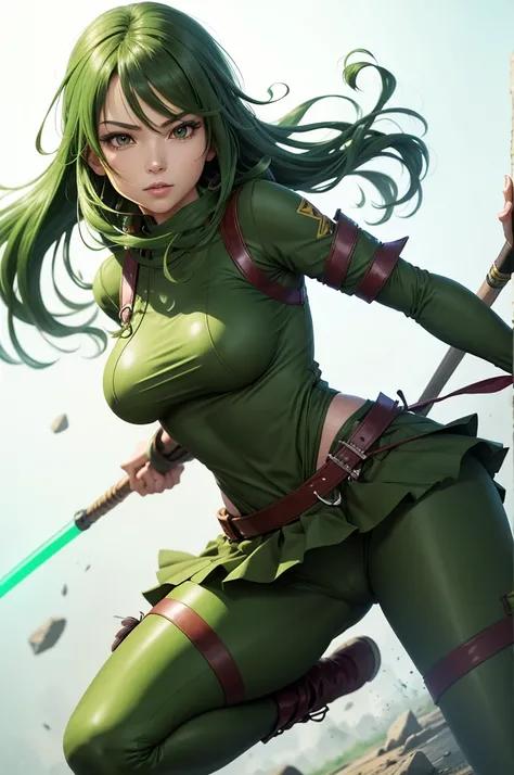 Maki with green tight outfit with a spear between her big  