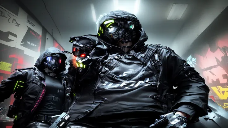 Two people wearing black jackets and masks are standing in the hallway, cyber punk techwear, cyber punk outfits, cyber punk))), cyber punk streetwear, hyper-realistic cyber punk style, has cyber punk style, cyber punk street goon, style of cyber punk, in c...