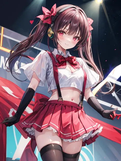 masterpiece, Highest quality, High resolution,
stage, dark, concert,  Cowboy Shot, smile,
One girl, alone, View your viewers, Pause,
Clean yourself up, Long Hair, Medium chest, Twin tails, bangs,
skirt, Black knee socks, gloves, belly button, bow, Cleavage...