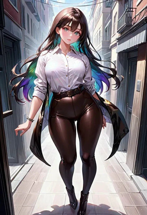 (masterpiece), best quality, expressive eyes, perfect face, Adult Female,long dark iridescent hair, iridescent eyes, small waist, , large thighs,brown jacked, white shirt and black pants