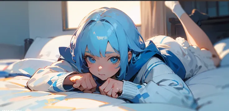 ((best quality)), ((masterpiece)), (detailed), 1 anime from the edge, light blue hair, light blue eyes, lying in bed, white swea...