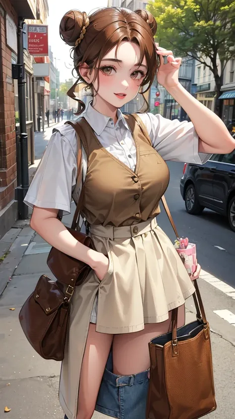 Female 26 years old，housewife，Outside on the street，Sunlight，Smile，put on lipstick，Light brown curly hair，A bun on the head，White short-sleeved vest，Denim skirt，fit，Large Breasts