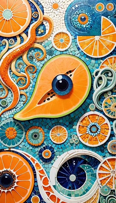 Ocean、house、Sliced Papaya、woodpeckesh、Tentacles、tadpole、Eye、diatom，Abstract mosaic painting，Sense of space，White Space，interesting，Innocence，Psychedelic Art，Orange overall