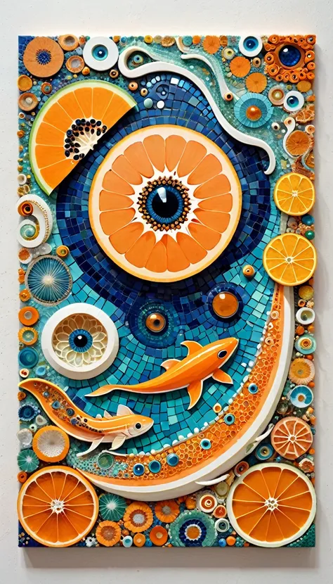 Ocean、house、Sliced Papaya、woodpeckesh、Tentacles、tadpole、Eye、diatom，Abstract mosaic painting，Sense of space，White Space，interesting，Innocence，Psychedelic Art，Orange overall