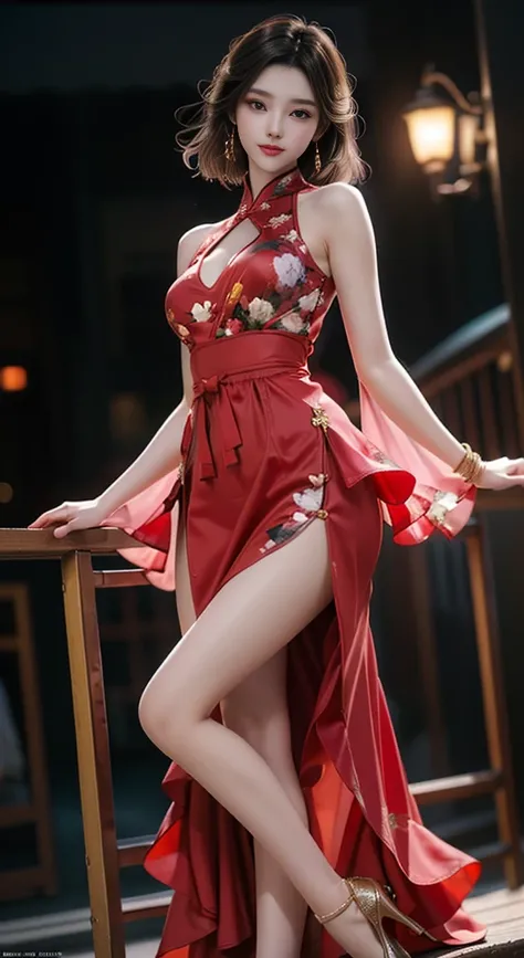 newchinesestylesuit, ((Bare shoulders)), ((Full breasts)), ((The skirt is short)), ((Sexy legs)), ((knee shot)), ((Standing, Elegant posture)), zydG, Practical, Fashion Girl, Red lips, Mature women, Exquisite makeup, big eyes, beautiful, (best quality, mas...