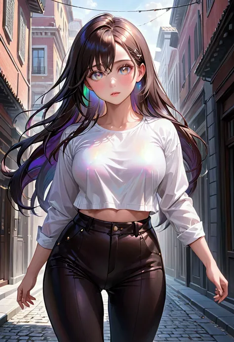 (masterpiece), best quality, expressive eyes, perfect face, Adult Female,long dark iridescent hair, iridescent eyes, small waist,b , large thighs,brown jacked, white shirt and black pants