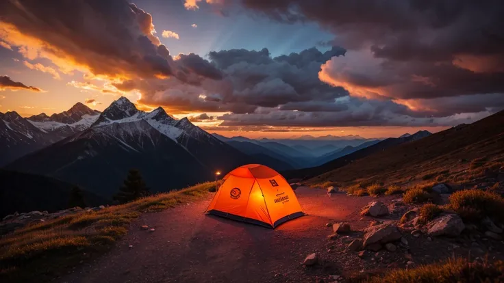 Glowing orange tent in the mountains under dramatic evening sky