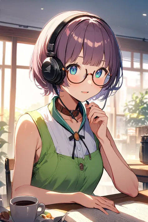 (extremely detailed fine touch:1.3), pastel collar, (((semi-rimless round eyewear:1.3))), (headphone:1.2), short hair, blunt bangs, 1 girl, In the morning, there is a bright morning sun drinking coffee at the dining table, and there is a cat.
