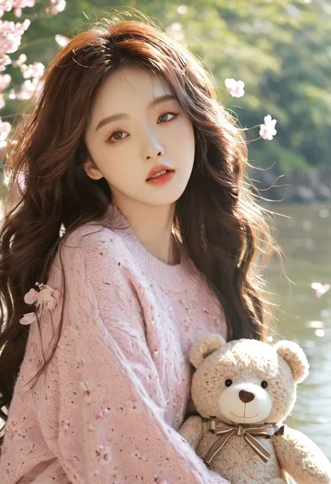 1girl walking on the river, Mix 4, sweater, Pillow, Mouth唇, Open_Mouth, Practical, photo_(Moderate), Solitary, Stuffed_animal, Stuffed_Toy, 泰迪Bear_Bear,(masterpiece),(photoPractical:1.3), Extremely detailed, (High Detail Skin:1.2),(best quality:1.0), (Ultr...