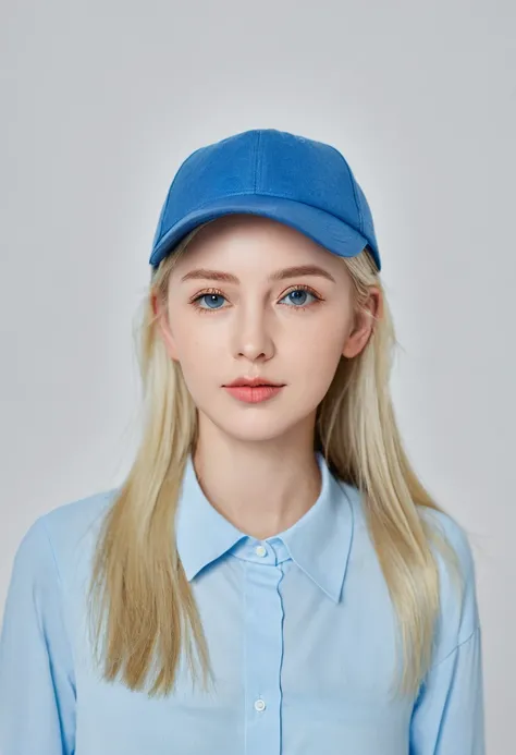 Portrait of a blonde girl wearing a blue hat and blue shirt