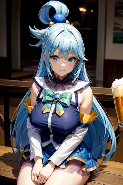 work of art, best qualityer, high resolution, aaaqua, long hair, hair blue, hair rings, hair ornament, choker, bared shoulders, green bow, shirt blue, detached sleeves, blue skirt, thicc thighs, pub, sitting down, holding the cup, beer mug, ssmile, gaping ...