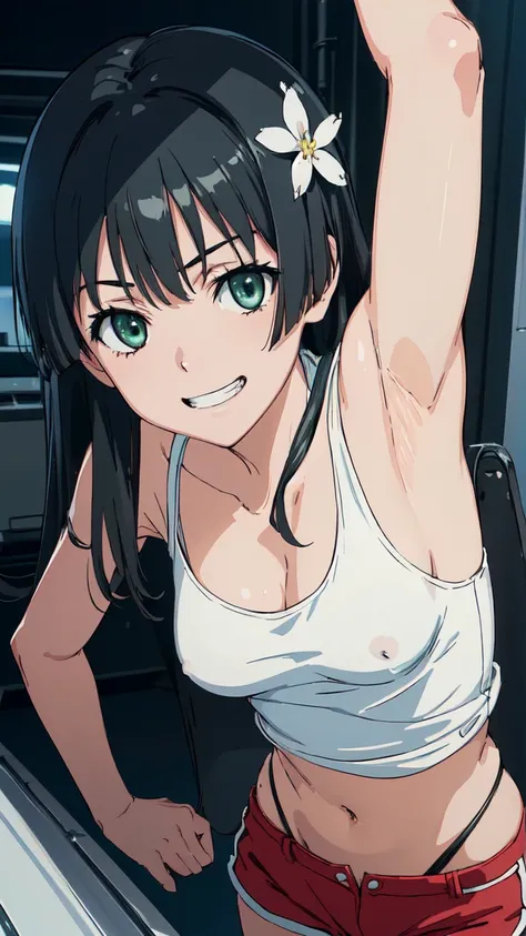  (High resolution:1.4), (masutepiece:1.2), (High quality:1.3) 1girl, saten ruiko, green eyes, long hair, black hair, small breast, tank top, hot pants, cinematic lighting,  pov, grin, dynamic angle, nsfw