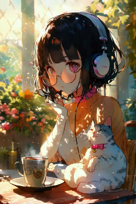 (extremely detailed fine touch:1.3), pastel collar, (((semi-rimless round eyewear:1.3))), (headphone:1.2), short hair, blunt bangs, 1 girl, In the morning, there is a bright morning sun drinking coffee at the dining table, and there is a cat.