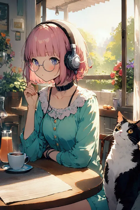 (extremely detailed fine touch:1.3), pastel collar, (((semi-rimless round eyewear:1.3))), (headphone:1.2), short hair, blunt bangs, 1 girl, In the morning, there is a bright morning sun drinking coffee at the dining table, and there is a cat.