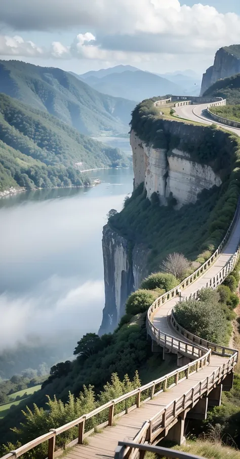 Entire scenery viewed from afar, Two cliffs facing each other, no people allowed, no buildings allowed, rocky, a shallow and long wooden bridge that connects two cliffs, weather: rain, fog, clouds.