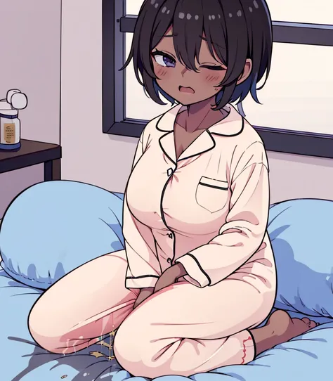 1girl, 独奏, medium breasts, dark skinned girl:1.2, ,(dark skin:1.8), black hair, short hair, pixie cut, wavy hair, (((open eyes))),  wake up yawn, open mouth, covering mouth, pijamas, (white pajamas), window, morning, looking at viewer, sitting, seiza, waki...