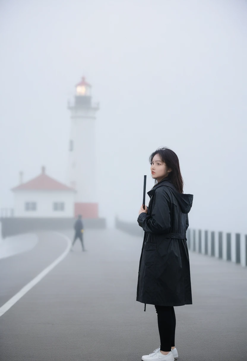 girl,짧은 middle 머리. black raincoat,cool,rain,blur,Fog,middle,cool,boring,,pier,only,lighthouse,Coast, The dim light shines in the Fog,and the figure stands in the Fog holding an umbrel