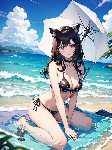 　Cat ears cow print bikini swimsuit　　Beach parasol

　The sea eating shaved ice
