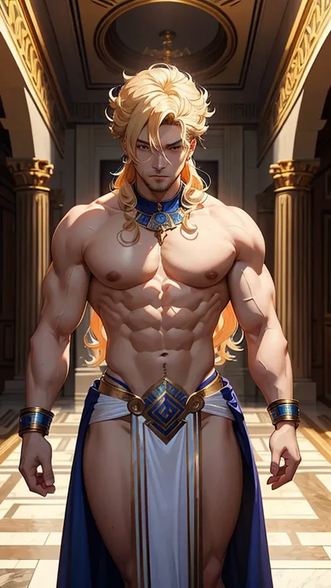 Zeus made,a Greek man god with white hair and beard,Cao Cao,stark,with muscles so thick and enormous that they are about to leave the body,virile and very masculine wearing ancient Greek costumes and leaving his chest and abdomen exposed,he will be hugging...