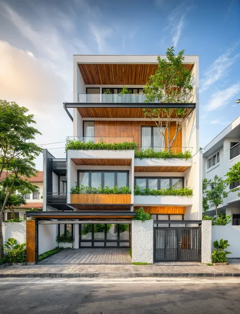 modern townhouse on street, (sunset), tropical tree, vivid colour, streetcapes, white tone, white wall, steel gate, rough white ...