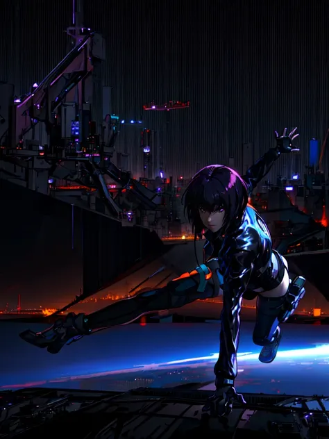 night city background、neon、absurd, highest quality, one girl, alone, view your viewers, eye focus, motoko_kusanagi, black jacket