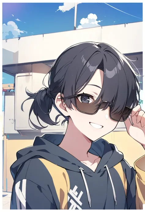 1 boy, shoulder-length black hair tied in a man bun , black eyes, clear skin, place sunglasses over your eyes, hoodie, smiling