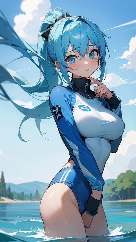 Big Breasts、pretty girl、Light blue hair、ponytail、high resolution、lake、Clean water、Beautiful sky、looking at the camera、Gym suit、Tight、magic、Rimuru=Tempest