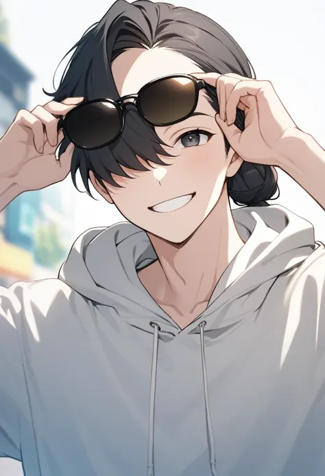 1 boy, shoulder-length black hair tied in a man bun , black eyes, clear skin, place sunglasses over your eyes, hoodie, smiling