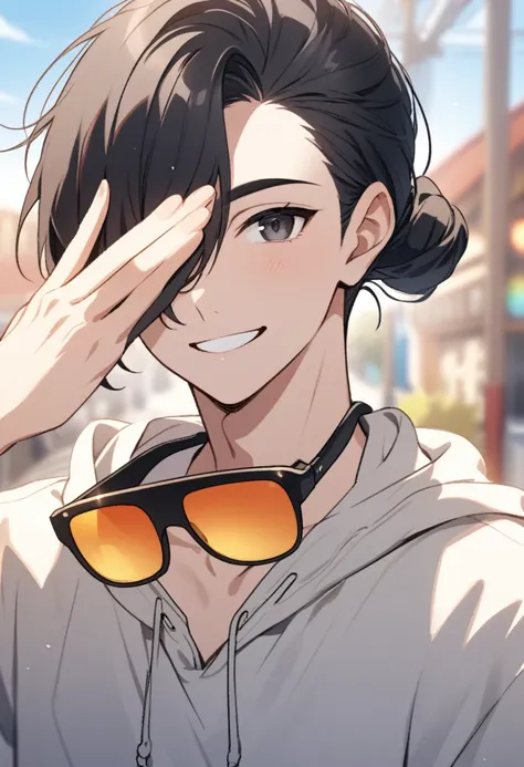 1 boy, shoulder-length black hair tied in a man bun , black eyes, clear skin, place sunglasses over your eyes, hoodie, smiling