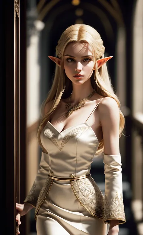  (elf:1.2), (masterpiece), (extremely intricate:1.3), (realistic), portrait of a girl, tall, thin, slender, elegant, (modern fashionable outfit:1.1), blonde immaculate hair, perfect makeup, long lashes, jewellery, pale skin, detailed textures, upper body, ...