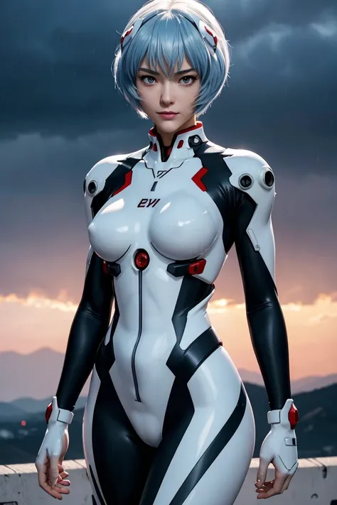 Evangelion,Rei Ayanami,Silver Blue Hair,Red eyes,Red Eyes,Plug Suit,Bodysuits,Interface Headset,白いBodysuits,Ultra HD,super high quality,masterpiece,Digital SLR,Photorealistic,Detailed details,Vivid details,Depicted in detail,A detailed face,Detailed detail...