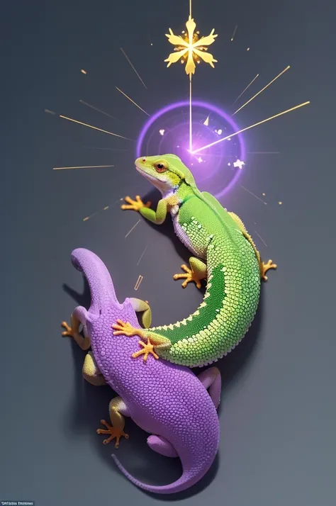 Create the image of a gecko with small purple details on its back, the gecko must have tiny wings like a very small butterfly, inside a gold circle with details of a cross, This golden circle will feature small leaves and flowers around it.