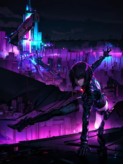 bright night city background、neon、absurd, highest quality, one girl, alone, view your viewers, eye focus, motoko_kusanagi, black...