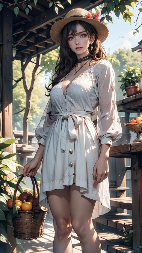 ((最high quality, 8K, masterpiece: 1.3, Ultra HD, high quality, 最high quality, High resolution, realism)) 、 24-year-old woman、Sexy proportions、Sexy、Narrow waist、mature female body、Summer dress with lace embellishment、Wear a lace cardigan、Heel、Holding a ratt...