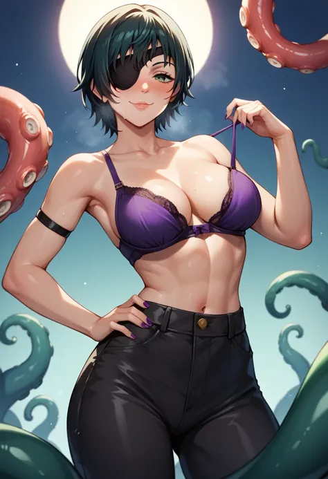 mature female, mature, Adult, himeno, himeno(Chainsaw Man), 1girl, black hair, short hair, eyepatch, solo, naughty face, seductive smile, nsfw, sexy, evil organization, Villains,  blush, aroused, in heat, many tentacles background, countless octopus legs, ...