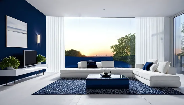 Describe a modern and luxurious living room in London, set against the backdrop of a picturesque sunset in the evening. The room features a high-tech minimalist design, with deep blue walls, white floor, and a sleek high-sensitivity sound system. A record ...