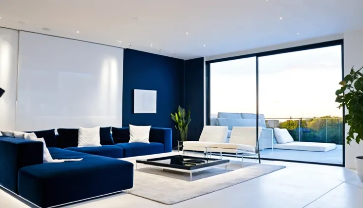 Describe a modern and luxurious living room in London, set against the backdrop of a picturesque sunset in the evening. The room features a high-tech minimalist design, with deep blue walls, white floor, and a sleek high-sensitivity sound system. A record ...