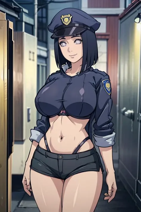 (1girl,  solo, (masterpiece:1.2), best quality, , (sexy police woman , police hat , police bra , police shorts , police office background , big breasts , wide hips milf ,) Hinata hyuga , smile 