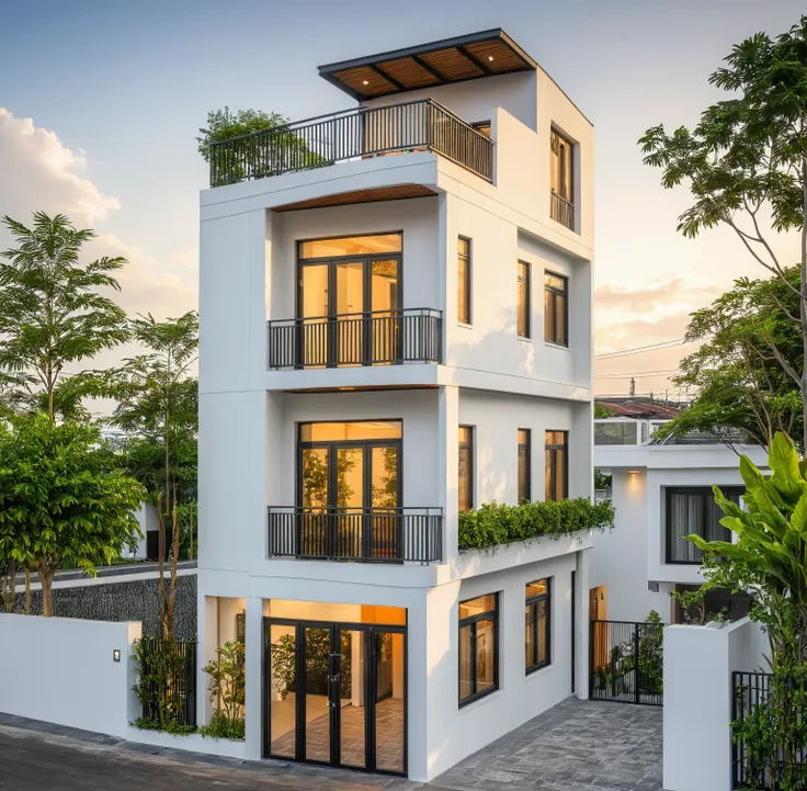 modern townhouse on street, (sunset), tropical tree, vivid colour, streetcapes, white tone, white wall, steel gate, rough white ...