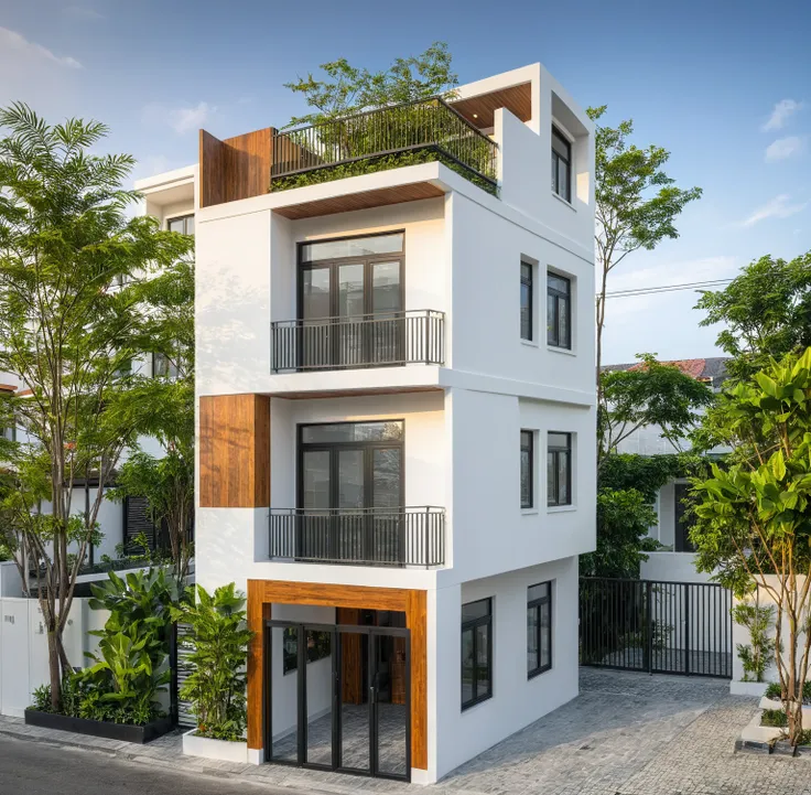 modern townhouse on street, (sunset), tropical tree, vivid colour, streetcapes, white tone, white wall, steel gate, rough white ...