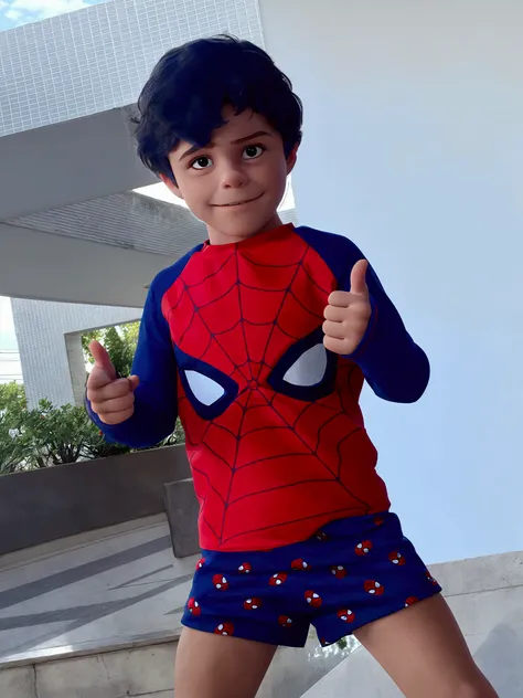 Image of boy wearing Spider-Man costume giving a thumbs up sign with his hands