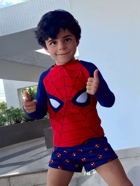 Image of boy wearing Spider-Man costume giving a thumbs up sign with his hands