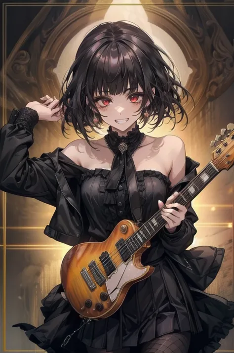 ((masterpiece、Highest quality、Very detailed))、One Girl、Black Hair、short hair、Twin tails、Blunt bangs、Red eyes、Wicked Smile、((Grin))、Small breasts、((Black ruffled clothes))、Off the shoulder、Strapless、((Black leather jacket))、((Checked skirt))、Edge skirt、Mult...