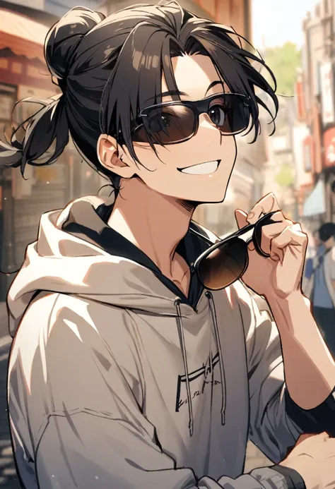 1 boy, shoulder-length black hair tied in a man bun , black eyes, clear skin, place sunglasses over your eyes, hoodie, smiling