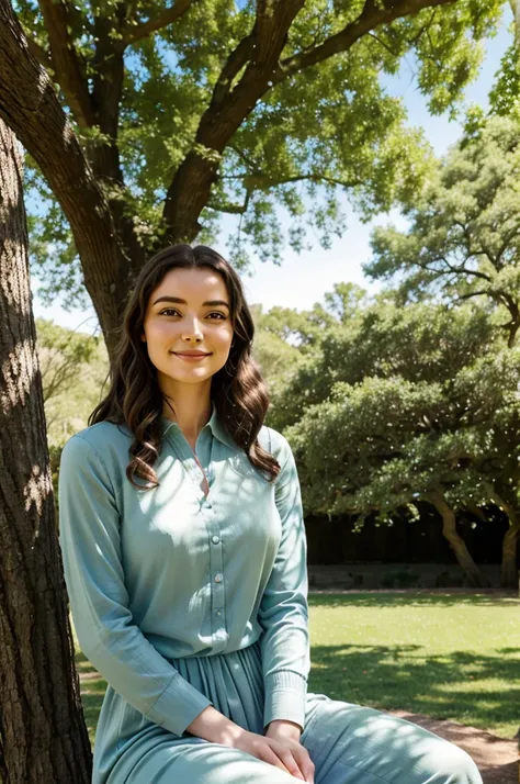 Elara, still seated under the oak tree, looks deep in thought with a serene smile. A soft, warm light surrounds her, indicating a moment of profound insight and connection with the tree and the natural world.