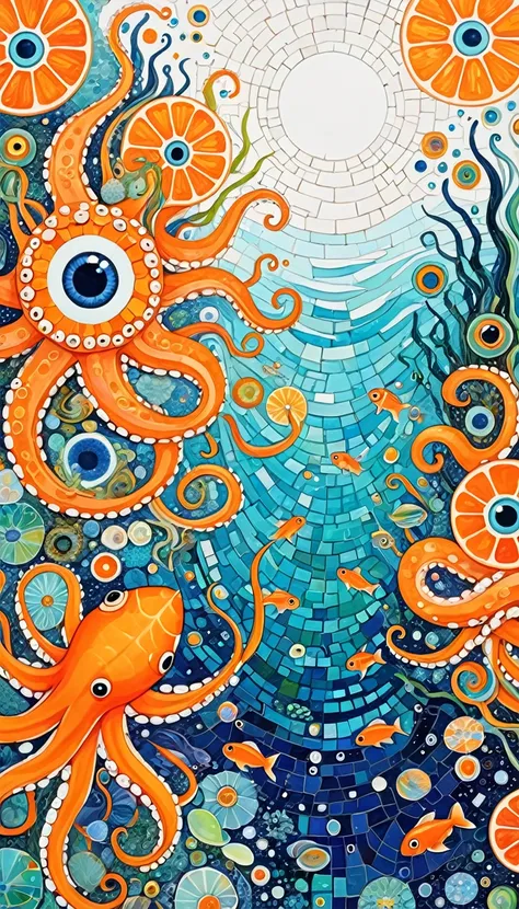 Ocean、house、Sliced Papaya、woodpeckesh、Tentacles、tadpole、Eye、diatom，Abstract mosaic painting，Sense of space，White Space，interesting，Innocence，Psychedelic Art，Orange overall