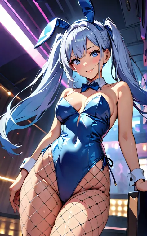 (masterpiece:1.2、Highest quality:1.2, High detail, Best aesthetics), (1 Girl), Upper Body Shot, ((Playboy Bunny, Fishnet tights:1.2, Bunny ears, ハイレグ leotard, 白leotard:1.1, leotard)), (Light blue hair, Twin tails, Asymmetrical bangs, Bright Blue Eyes), Bea...